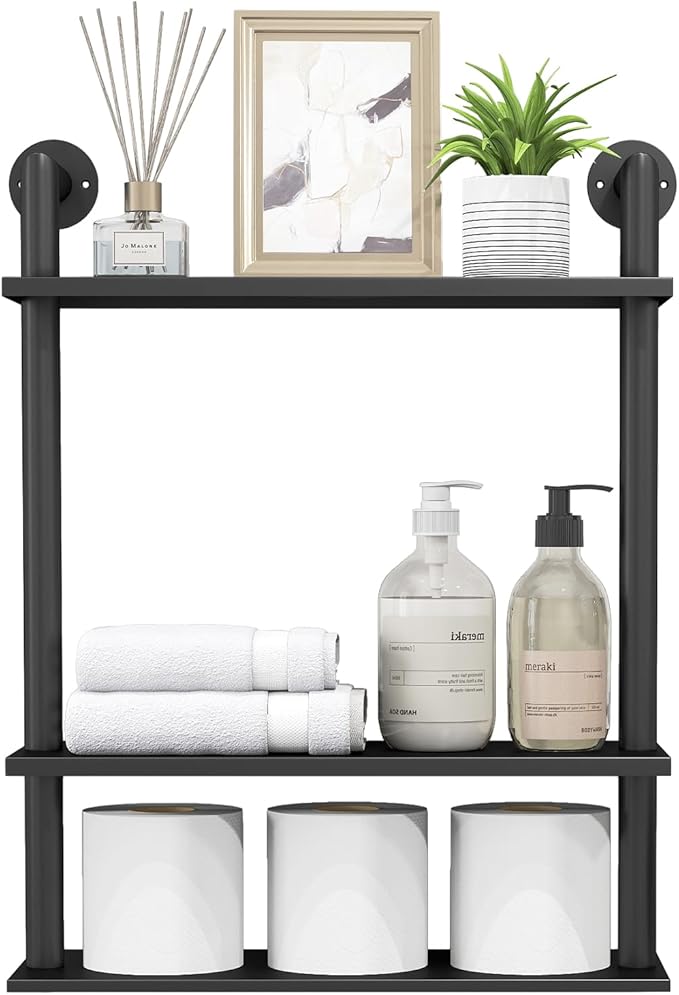 Floating Shelves, Wall Mounted Metal Floating Shelves Black with Frame and Towel Rack for Bathroom, Living Room, Bedroom, Kitchen
