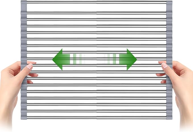 Sindax 23.7" Extra Large Dish Drying Rack, Expandable Roll Up Over The Sink Dish Drying Rack, SUS304 Stainless Steel Multipurpose Kitchen Drainer Rack Up Load to 70Lb