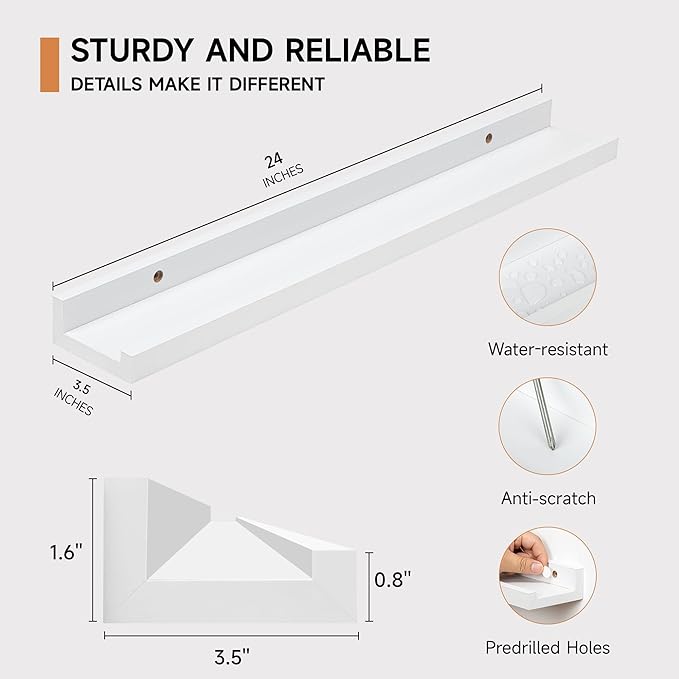 Fun Memories Picture Ledge Shelf, 24 Inch Floating Shelves Set of 2, Nursery Book Shelves for Toys Storage, Kids Bookshelf Wall Mounted for Wall Decor Books Photo Frames, White-NeatNest
