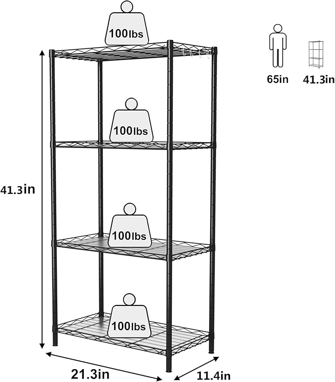 HOMEFORT 4-Shelving Unit, Adjustable Wire Shelving, Metal Wire Shelf Rack Organizer for Kitchen, Pantry, Closet, Bathroom, Laundry, Black,21" W x 11" D x 43" H