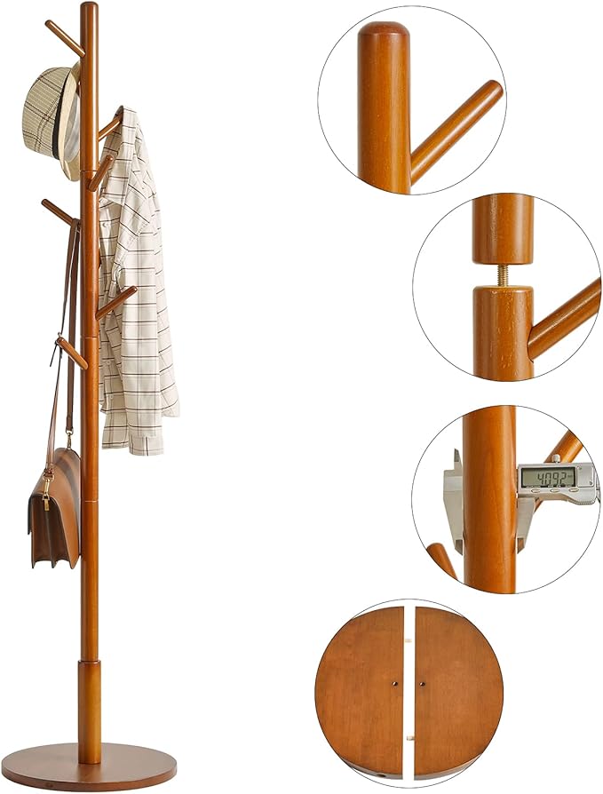 IBUYKE Coat Rack Stand, Freestanding Coat Tree with Solid Round Base and 8 Hooks, Easy Assembly Wooden Coat Hanger, Clothes Rack for Hallway Entryway, Living Room, Bedroom, Office, Brown WD-113-NeatNest