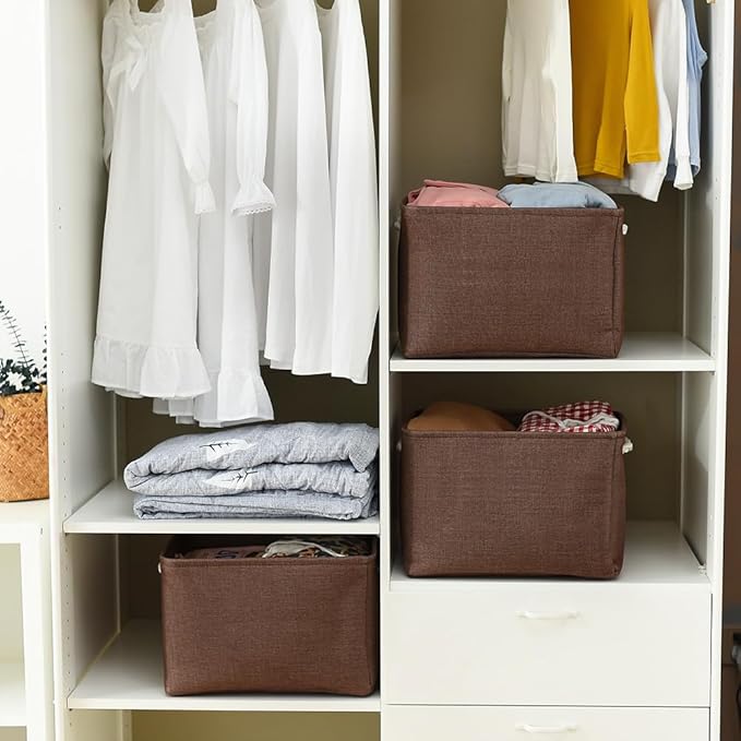 TheWarmHome Organization and Storage Basket for Shelves - 3 Pack 16x12x12 inch Fabric Storage Cubes, Cube Storage Bin for Organizing Closet Cloth Organizer Gift Toy (White & Brown)-NeatNest
