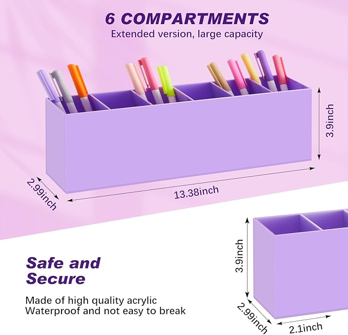 Jetec Acrylic Pen Holder 6 Compartments Makeup Brush Stationery Organizer Pencil Holder for Desk Accessories, Cosmetic Brushes, Dorm, Home, Bathroom, Kitchen, Office Supplies(Purple)-NeatNest