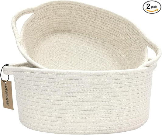 2PACK Small Woven Storage Basket for Organizing|Cotton Rope Basket for Closet Shelving Storage|Gift Basket for Empty with Handles for Toys, Books for Living Room, Bedroom（White）