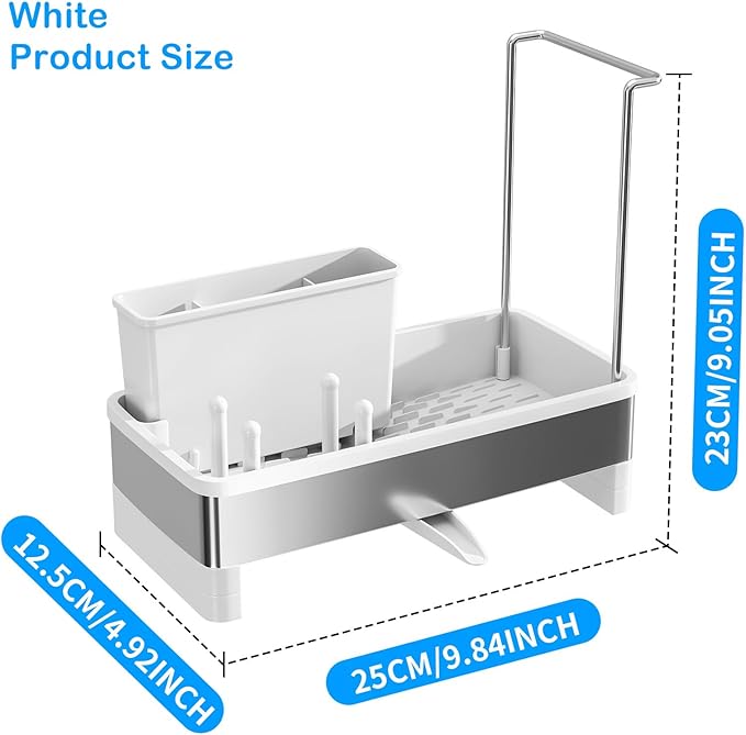 Sponge Holder for Kitchen Sink,Sink Caddy Organizer with Removable Brush Holder,Kitchen Countertop Soap Dispenser Storage with Detachable Towel Rack,White-NeatNest