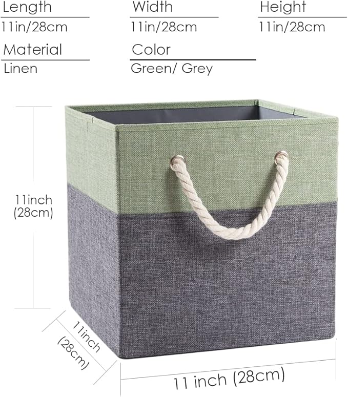 PRANDOM Large Foldable Cube Storage Bins 11x11 inch [2-Pack] Fabric Linen Storage Baskets Cubes Drawer with Cotton Handles Organizer for Shelves Nursery Closet Bedroom Green-NeatNest