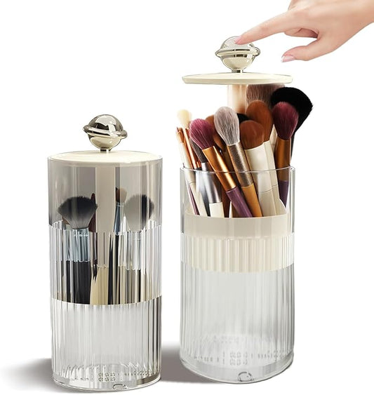 Makeup Brush Holder [Upgrade] with One Touch Open,Makeup Organizer Countertop with Dustproof Lid,Clear Makeup Organizers for Vanity, Desktop, Bathroom (White)-NeatNest