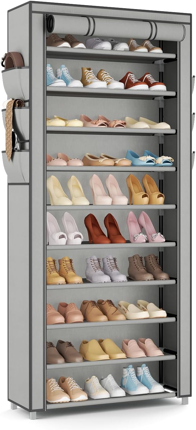 VTRIN Vertical Narrow Shoe Rack Organizer Tall Shoe Rack for Closet Entryway 10 Tier Non-Woven Cover Shoe Shelf Holds 36-41 Pairs Free Standing Shoe Storage Cabinet with Dustproof Cover, Grey-NeatNest