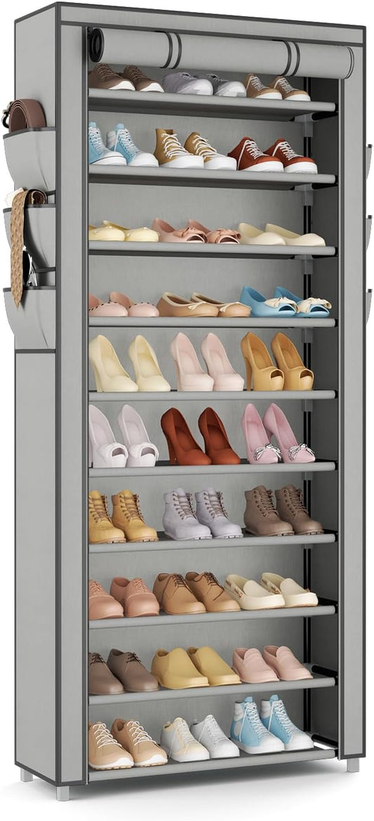 VTRIN Vertical Narrow Shoe Rack Organizer Tall Shoe Rack for Closet Entryway 10 Tier Non-Woven Cover Shoe Shelf Holds 36-41 Pairs Free Standing Shoe Storage Cabinet with Dustproof Cover, Grey-NeatNest