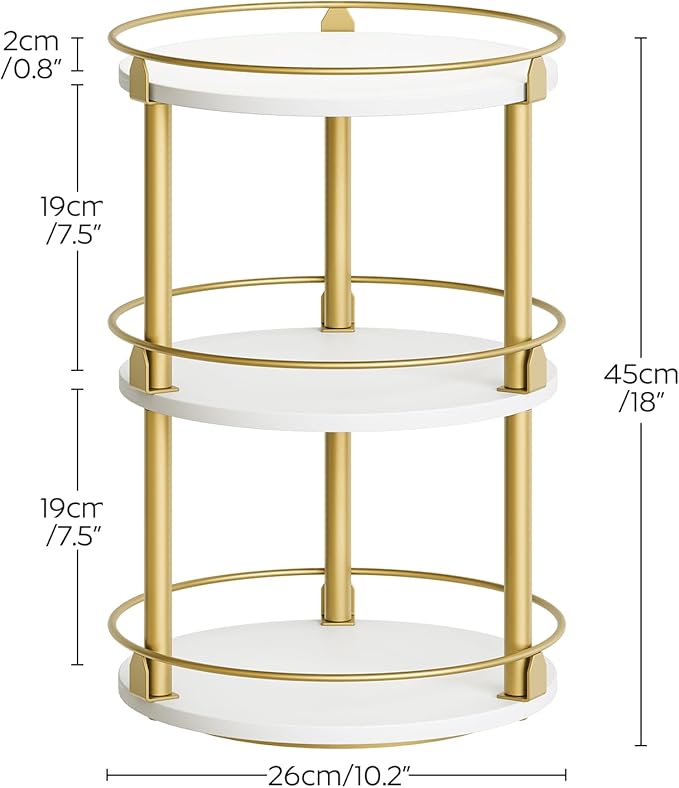 3-Tier Lazy Susan, Rotating Spice Rack, Spinning Organizer, Industrial Turntable Spice Rack for Cabinet, Kitchen Countertop, Pantry, White and Gold SR23DW-NeatNest