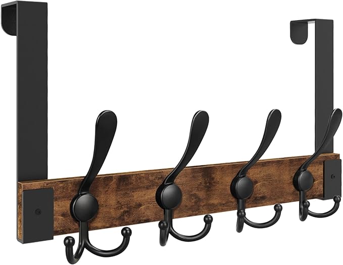 Homode Over The Door Hooks for Hanging, Heavy Duty Wood Over Door Hanger Hook, Over The Door Towel Coat Rack for Bathroom, Back of Door Hooks for Hanging Towels, Clothes, Hats, Rustic Brown Black