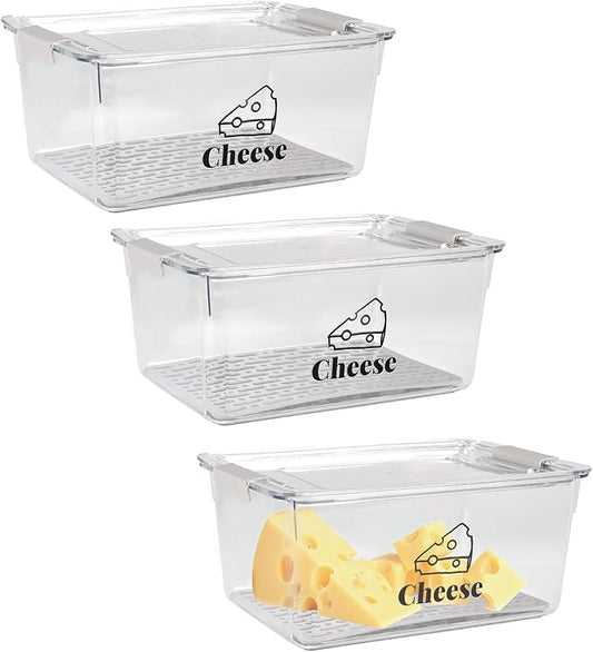 3 Pack Cheese Container Airtight with Draining Basket Cream Block Cheese Sliced Cheeses Box with Lid Saver for Fridge Deli Meat Storage Box,Cheeses Sliced,Grated,Cheddar Keeper