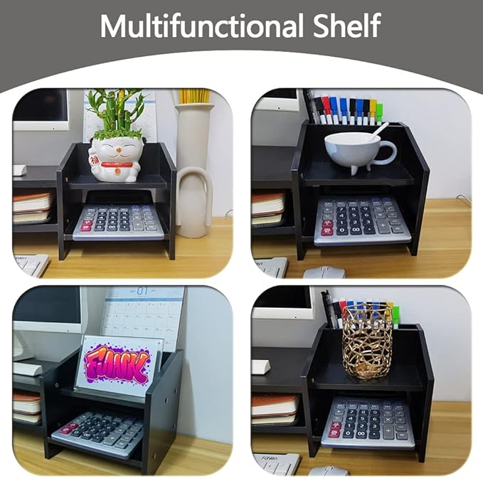 Computer Monitor Riser, 2 Tier Wooden Stand With Two Layer Storage Rack, Black Desktop Organizer for PC/Laptop, Home & Office