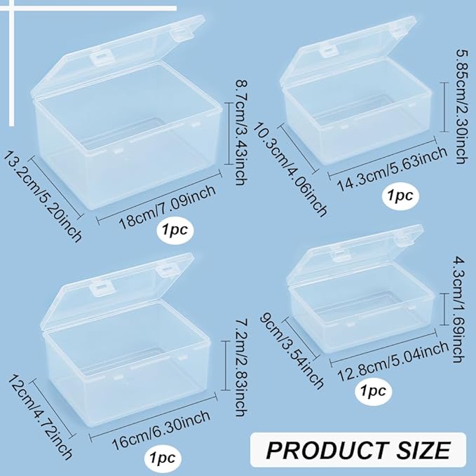 BENECREAT 4 Sizes Bead Storage Organizer Box, Rectangle Clear PP Plastic Box Containers, Dustproof Case with Hinged Lid for Cards, Beads and Craft Supplies-NeatNest
