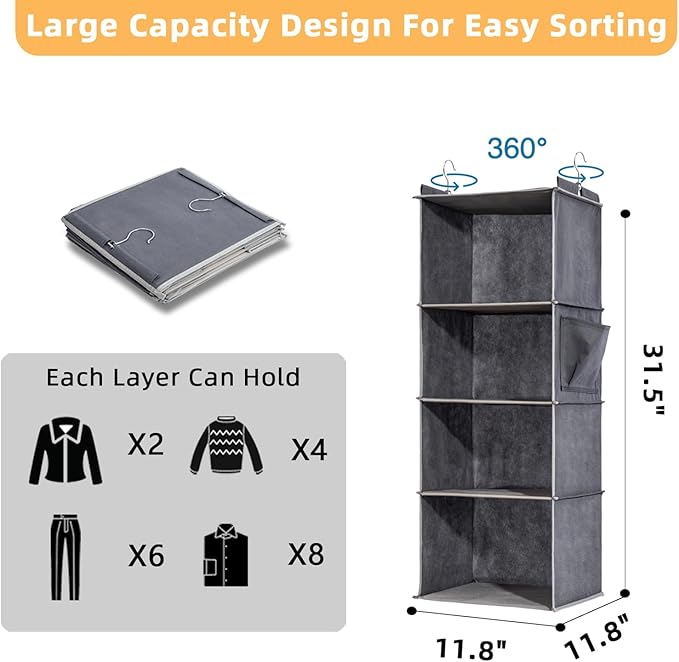 2 Packs Hanging Closet Organizer, 4-Shelf Closet Organizers and Storage with Side Pockets, Collapsible Hanging Shelves for Closet & RV & College Dorm,Grey-NeatNest