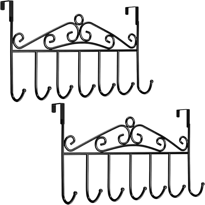 Over The Door Hook - Towel Rack & Coat Rack Hanger, Behind Bathroom Door, 2 Pieces 7 Hooks (Black)