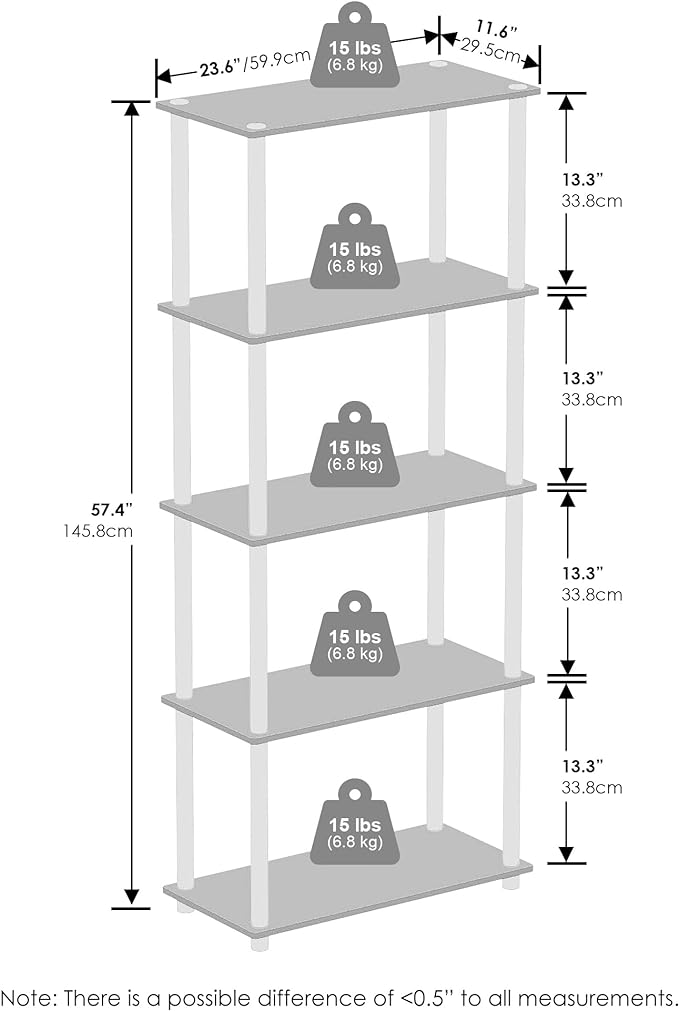 Furinno Turn-N-Tube 5-Tier Multipurpose Compact Bookcase, Black/Grey-NeatNest