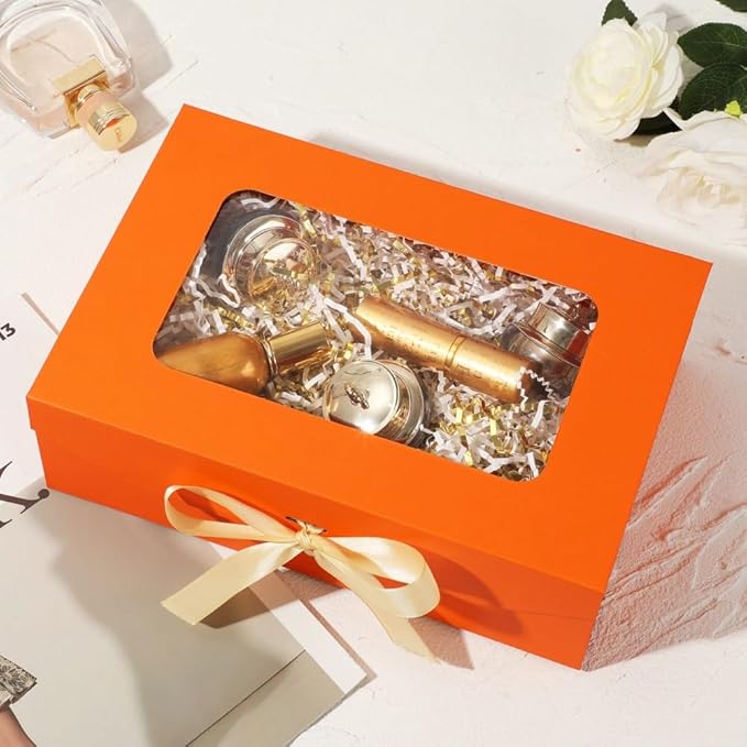 5 Pcs Orange Gift Box for Presents with Ribbon 10.8x7.5x3.5 Inches Clear Gift Box with Window Magnetic Closure Gift Boxes with Lids-NeatNest