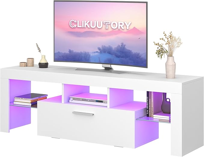 Clikuutory Modern Lighting 51 inch TV Stand with Large Storage Drawer for 32 40 50 55 Inch TVs, TV Console with 20 Color LED Lights, Entertainment Center Media and Open Shelf for Bedroom, White-NeatNest