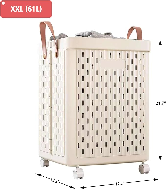 UAK Laundry Basket with Wheels, Collapsible Plastic Laundry Hamper with Handle, Foldable Laundry Basket Organizer for Laundry and Bathroom (Ivory, XXL)