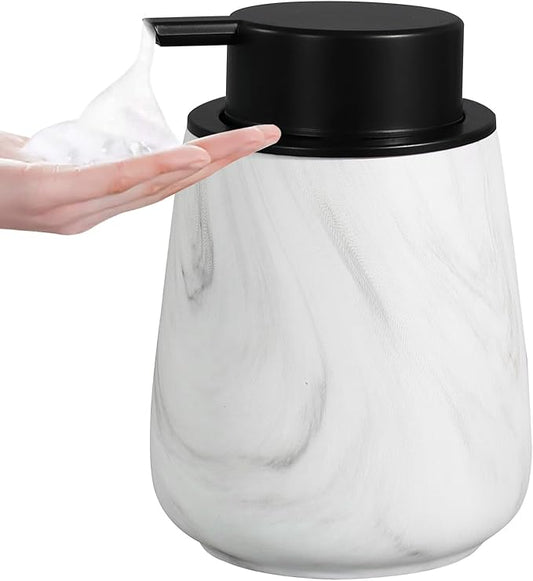 12Oz Foaming Hand Soap Dispenser - Ceramic Bathroom Foam Soap Dispenser with Easy-to-Press Black Pump, Refillable Lotion Hand Dispenser, Dish Soap Dispensers for Kitchen, Marble White-NeatNest