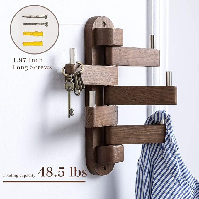 Coat Hooks for Wall, Oak Wood Wall Hooks with 5 Swivel Foldable Arms, 12'' Length Coat Rack Hat Hooks for Bathroom Entryway Bedroom Office Kitchen, Heavy Duty (Walnut)-NeatNest