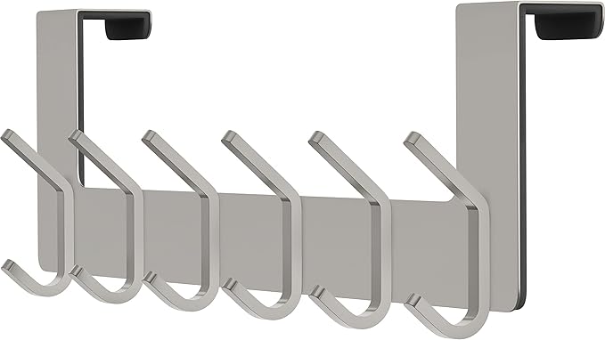 Brushed Nickel Over The Door Hooks – Heavy Duty Stainless Steel Door Hanger with 6 Double Hooks for Hanging Towels, Coats, Robes, Hats, Bags – No Drill Over Door Towel Rack for Bathroom & Bedroom-NeatNest