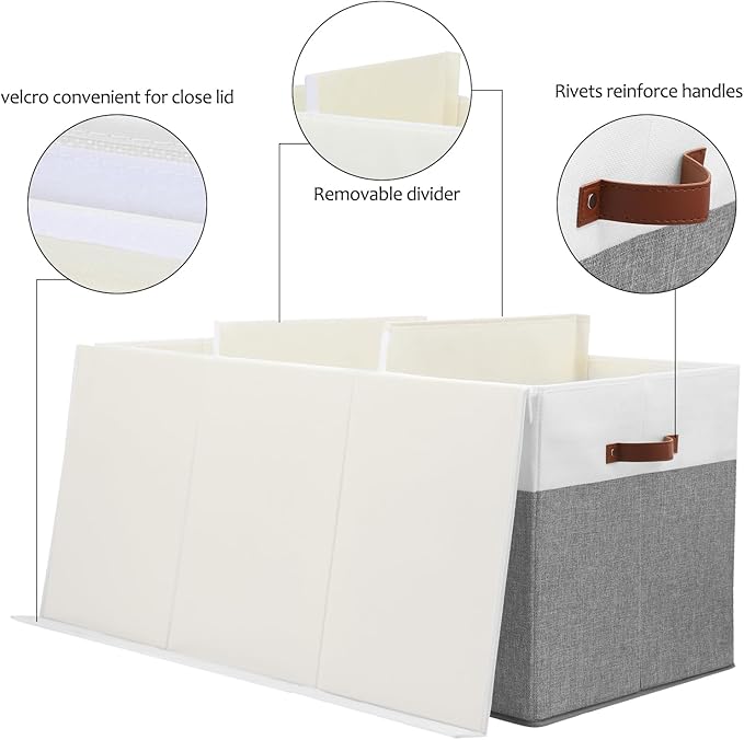 Extra Large Toy Storage Box with Lid, Sturdy Toys Storage Chest Bin Organizer Basket with Dividers for Kids, Boys, Girls, Nursery, Closet, Bedroom, Playroom 35.5"x17" x17"(Grey and White)-NeatNest