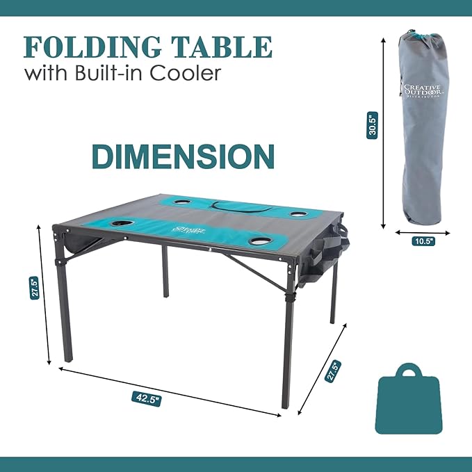 Creative Outdoors Folding Table with Built-in Cooler - Outdoor Portable Camping Table with 4 Cup Holders and Durable Steel Frame - Quality Material (Orange/Gray)-NeatNest