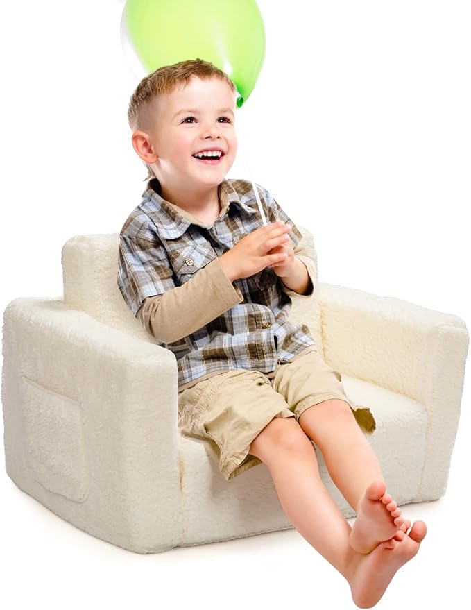 ALIMORDEN 2-in-1 Flip Out Cuddly Sherpa Kids Couch, Convertible Sofa to Lounger, Cream-NeatNest
