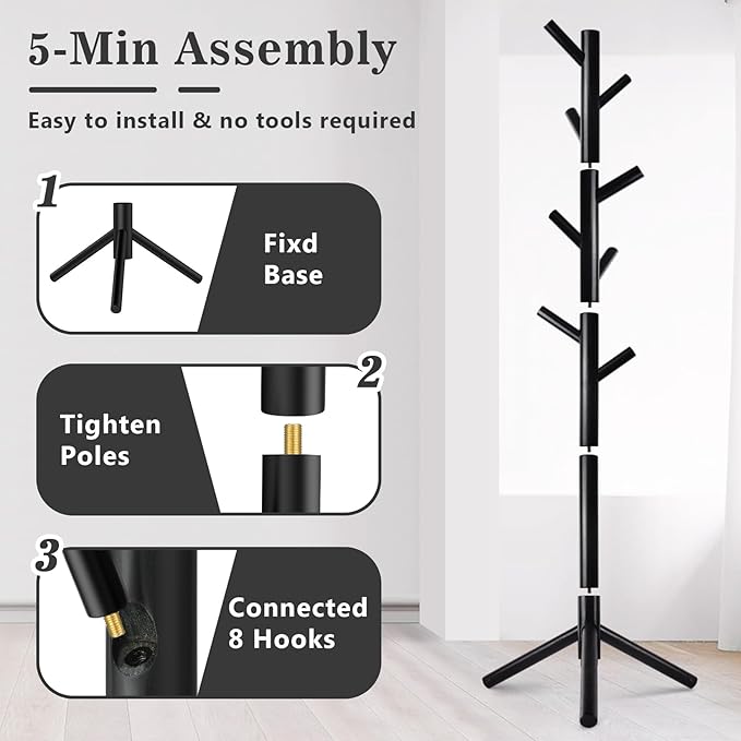 2 Pack Coat Rack, Solid Wood Coat Rack Freestanding with 8 Hooks & 3 Adjustable Heights, Simple Assembly Coat Tree for Hats, Bags, Wooden Coat Hanger Stand for Bedroom, Entryway, Office-NeatNest