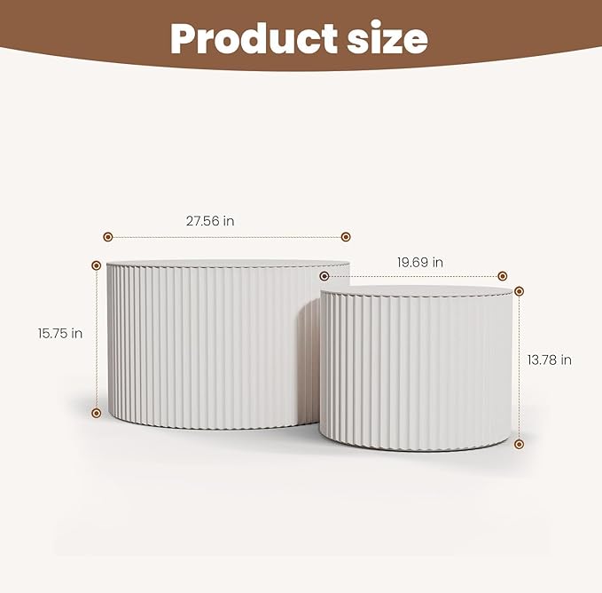Round Nesting Coffee Table Wood Drum Nesting Tables Modern Stacking Coffee Table Set of 2 Fluted Center Table End Table for Living Room Home Office Small Spaces, No Assembling (Beige Large)