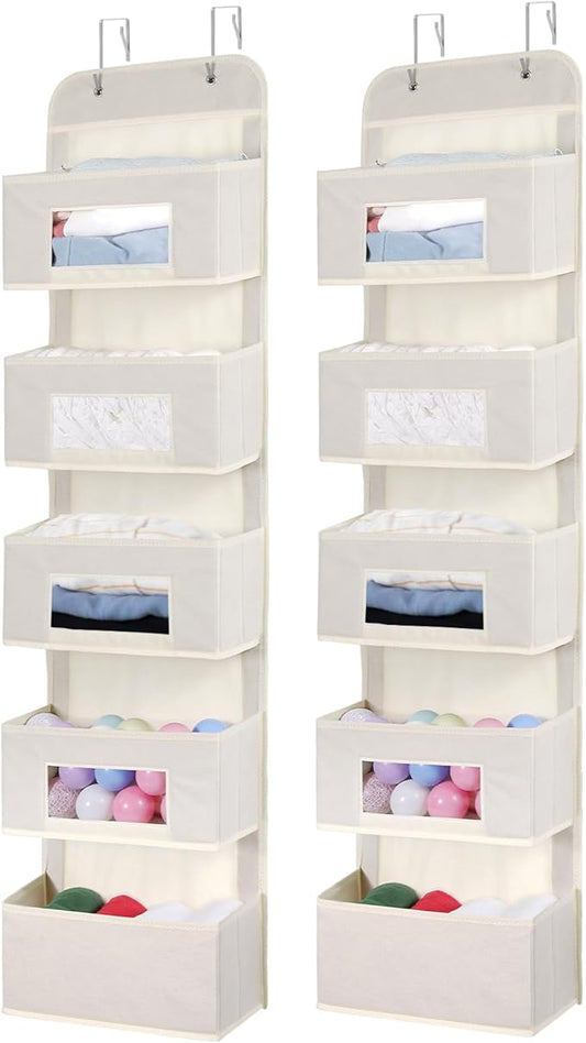 5-Shelf Over The Door Hanging Organizer with 2 Metal Hooks，5 Pocket Over The Door Wall Mount Storage with Clear Windows for Baby Nursery Bathroom Closet,Bedroom,Dorm(Beige-2 Pack)-NeatNest