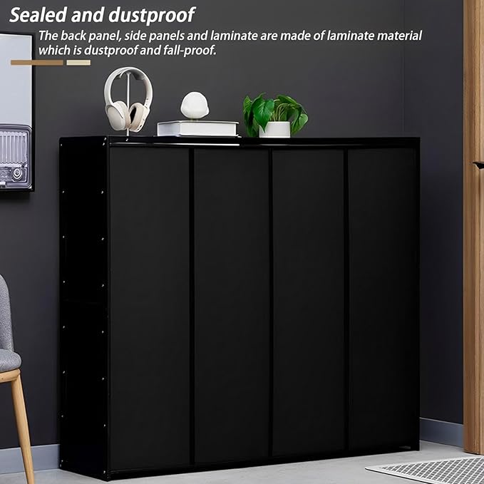 Bamboo Shoe Cabinet, 8-Tier Shoe Storage Cabinet with Doors, Freestanding Bamboo Shoe Rack Organizer with Shelves for Entryway, Hallway, Closet, Living Room (Black)