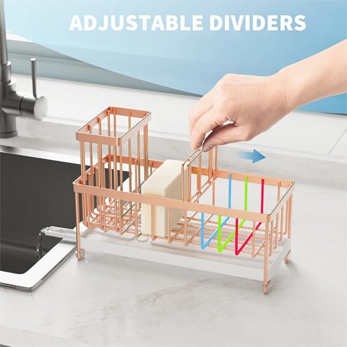 Cisily Rose Gold Sponge Holder for Kitchen Sink, Sink Caddy Organizer with High Brush Holder, Kitchen Countertop Organizers and Storage Essentials, Rustproof 304 Stainless Steel, Soap Dispenser-NeatNest