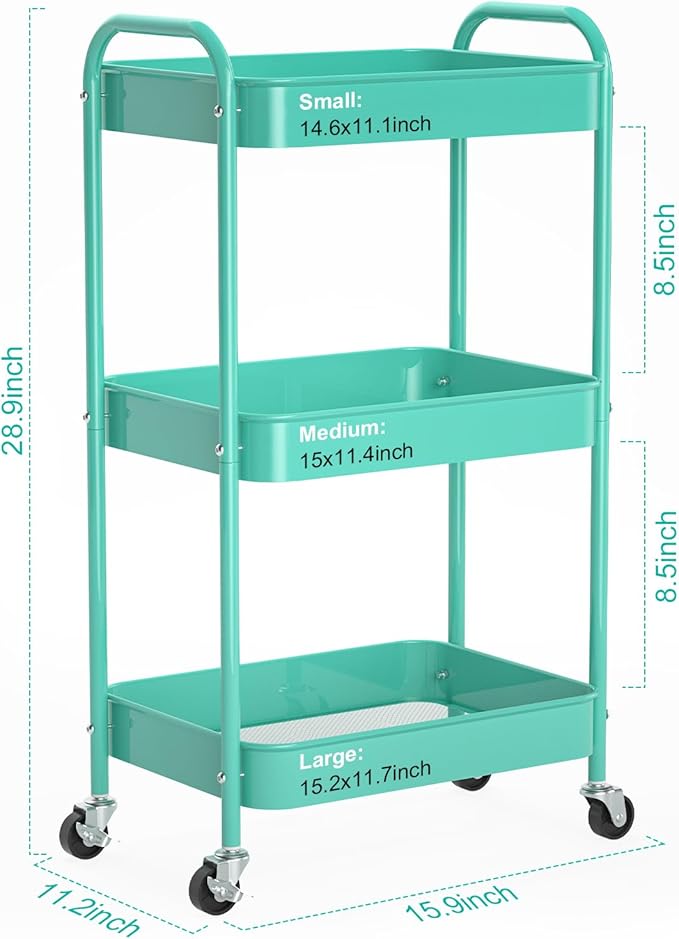 3-Tier Rolling Metal Storage Cart with Wheels, Multi-Functional Organizer for Office, Kitchen, Bathroom, Books Diapers - Easy Assembly (Blue)-NeatNest
