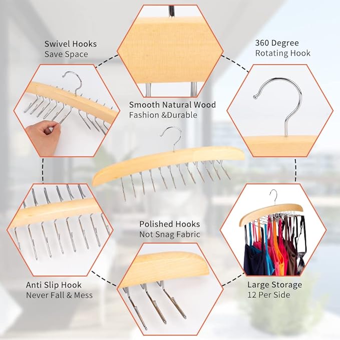 3 Pack Tank Top & Bra Hanger, Tie & Belt Hanger with Natural Wood, 24 Space Saving, 360 Rotating, Foldable Metal Hooks, Closet Organizer and Storage Rack for Tank Tops/Bras/Ties/Belts-NeatNest