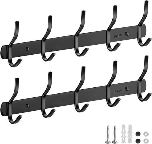 2 Pack 5 Two-Hooks Coat Rack Wall Mounted - Thickened 304 Stainless Steel Coat Hooks, 16 Inches Rustproof Hook Rack Wall Mount, Anti-Sliding Towel Hooks, Holding up to 44 lbs, Matte Black