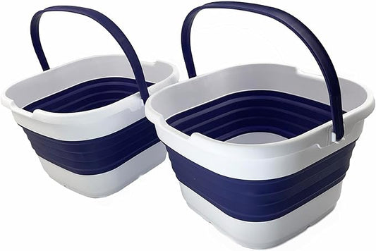 SAMMART 9.5L (2.5 Gallon) Collapsible Rectangular Handy Bucket (White/Navy Blue (Set of 2))-NeatNest
