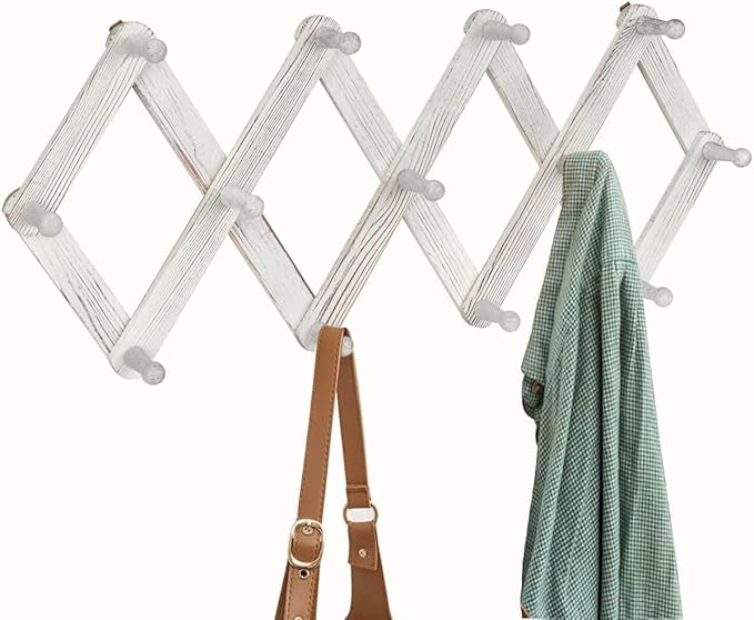 Homode Accordian Wall Hanger, Expandable Coat Rack Wall Mounted, Accordion Style Wood Hat Rack with 13 Peg Hooks for Hanging Coats, Hats, Mugs, Bags, Purses, Necklaces, Rustic White-NeatNest