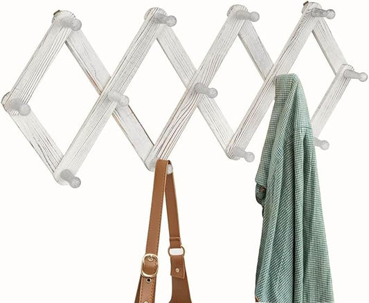 Homode Accordian Wall Hanger, Expandable Coat Rack Wall Mounted, Accordion Style Wood Hat Rack with 13 Peg Hooks for Hanging Coats, Hats, Mugs, Bags, Purses, Necklaces, Rustic White-NeatNest