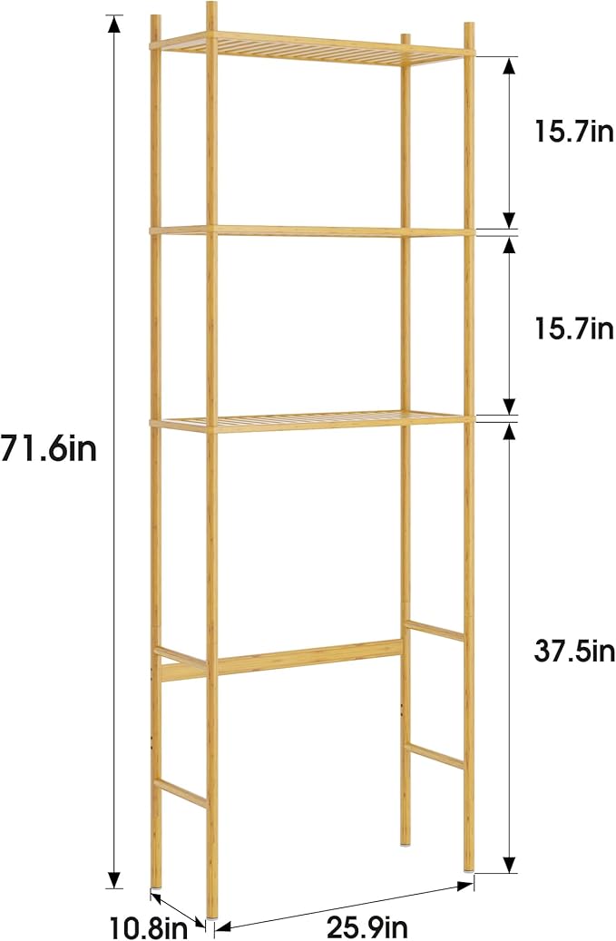 3 Tier Over The Toilet Organizer Rack Bamboo, Freestanding Bathroom Toilet Storage Shelf, Space Saving and Easy to Install, Adjustable Feet, Adjustable Bottom Rod