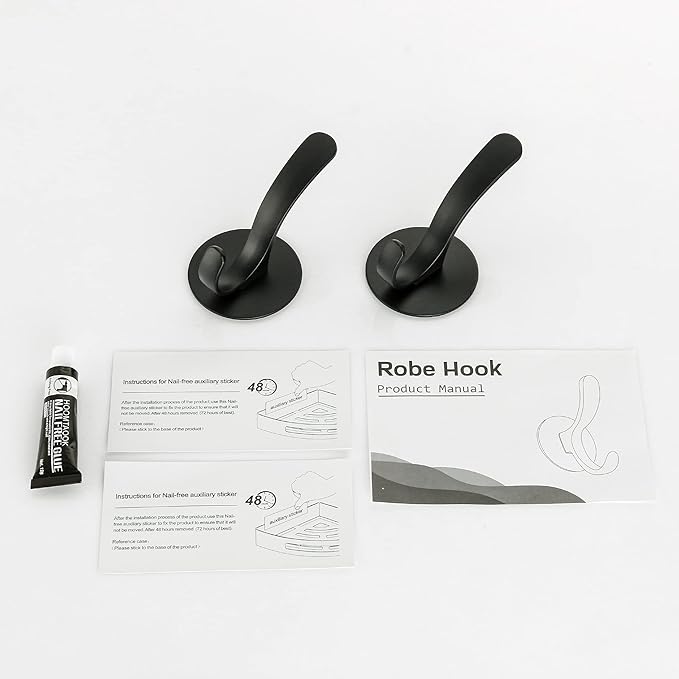 GERUIKE Adhesive Towel Hooks 2 Pack,Matte Black 304 Stainless Steel Hand Towel Hooks for Bathroom Kitchen Wall Mounted Adhesive Coat Robe Clothes Door Hook
