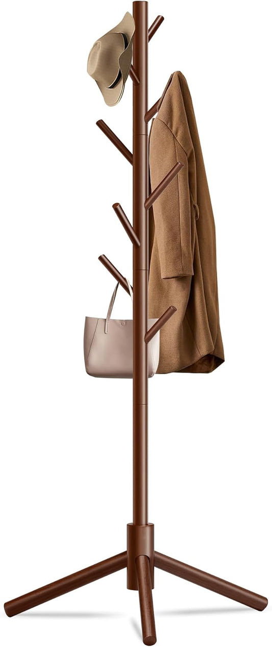 Durable Wooden Coat Rack, Freestanding Coat Rack with Stable Triangular Base, 8 Hooks & 3 Adjustable Heights, Simple Assembly for Bedroom, Hallway, Office(New Brown)-NeatNest