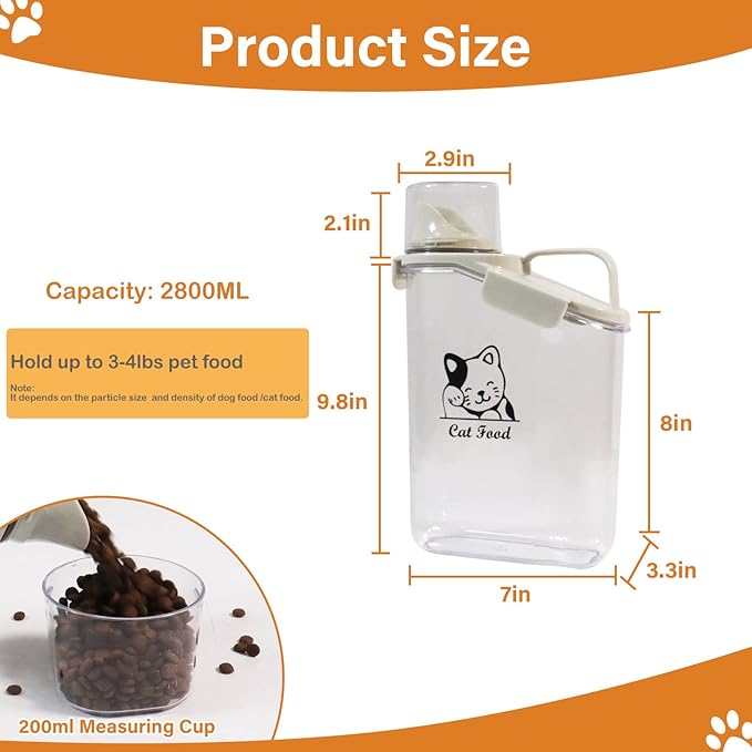 Cat Food Storage Container Airtight |3 Qt/2.8 L Clear Plastic Cat Puppy Food Treats Container with Measuring Cup|Hold up to 3.8 lbs of Pet Food|Portable Food Containers for Travel| BPA Free-NeatNest