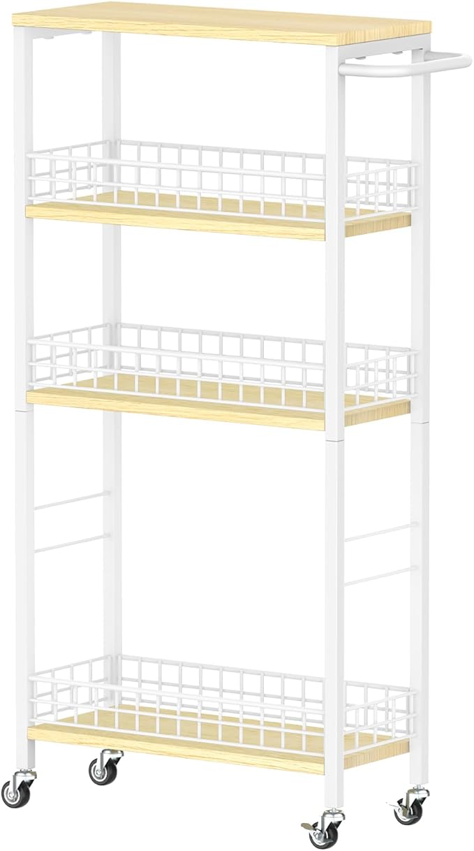 Slim Storage Cart White Narrow Storage Cabinet 4 Tier Laundry Room Organization Mobile Bathroom Shelving Unit Organizer Rolling Utility Cart Slide Out Kitchen Cart Tower Rack for Narrow Places 7.08’’W-NeatNest