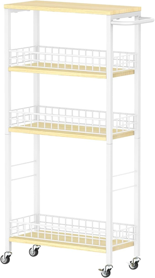 Slim Storage Cart White Narrow Storage Cabinet 4 Tier Laundry Room Organization Mobile Bathroom Shelving Unit Organizer Rolling Utility Cart Slide Out Kitchen Cart Tower Rack for Narrow Places 7.08’’W-NeatNest