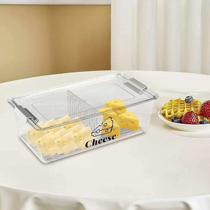 Cheese Container Airtight with Draining Basket Cream Block Cheese Sliced Cheeses Box with Lid for Fridge Shredded Saver 2 Compartment Deli Meat Storage Box,Cheeses Sliced,Grated,Cheddar Keeper-NeatNest