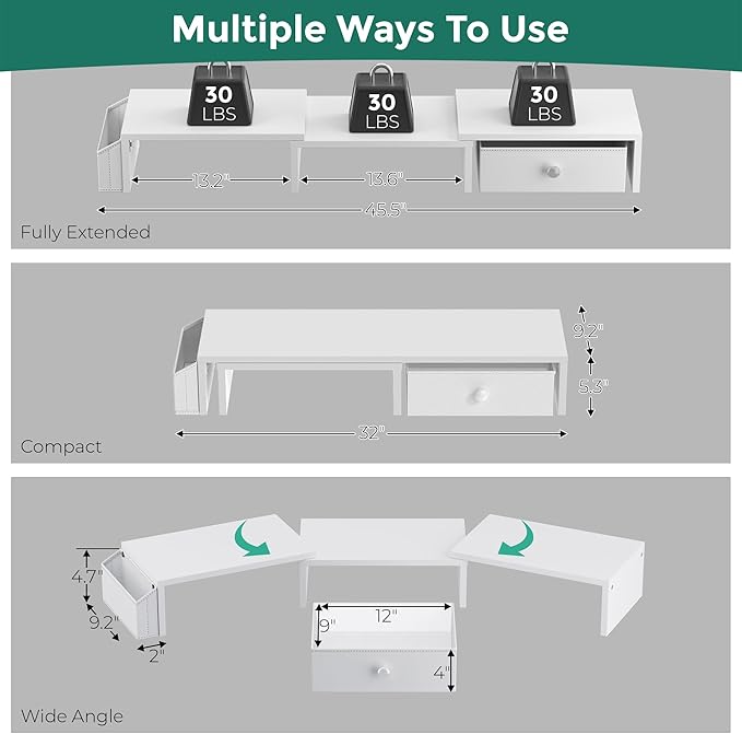 Dual Monitor Stand Riser, Adjustable Length & Swivel Angle Monitor Stand, Ergonomic Monitor Stand with Drawer & Side Pockets, Desktop Organizer and Office Desk Accessories, White