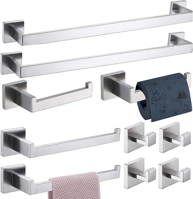 10-Pieces Towel Bar Set Brushed Nickel Bathroom Hardware Set SUS304 Bathroom Accessories Set Includes 2 Towel Bar 24 in+2 Towel Holder+2Toilet Paper Holder+4 Towel Hooks(10, Brushed Nickel, 24 Inch)